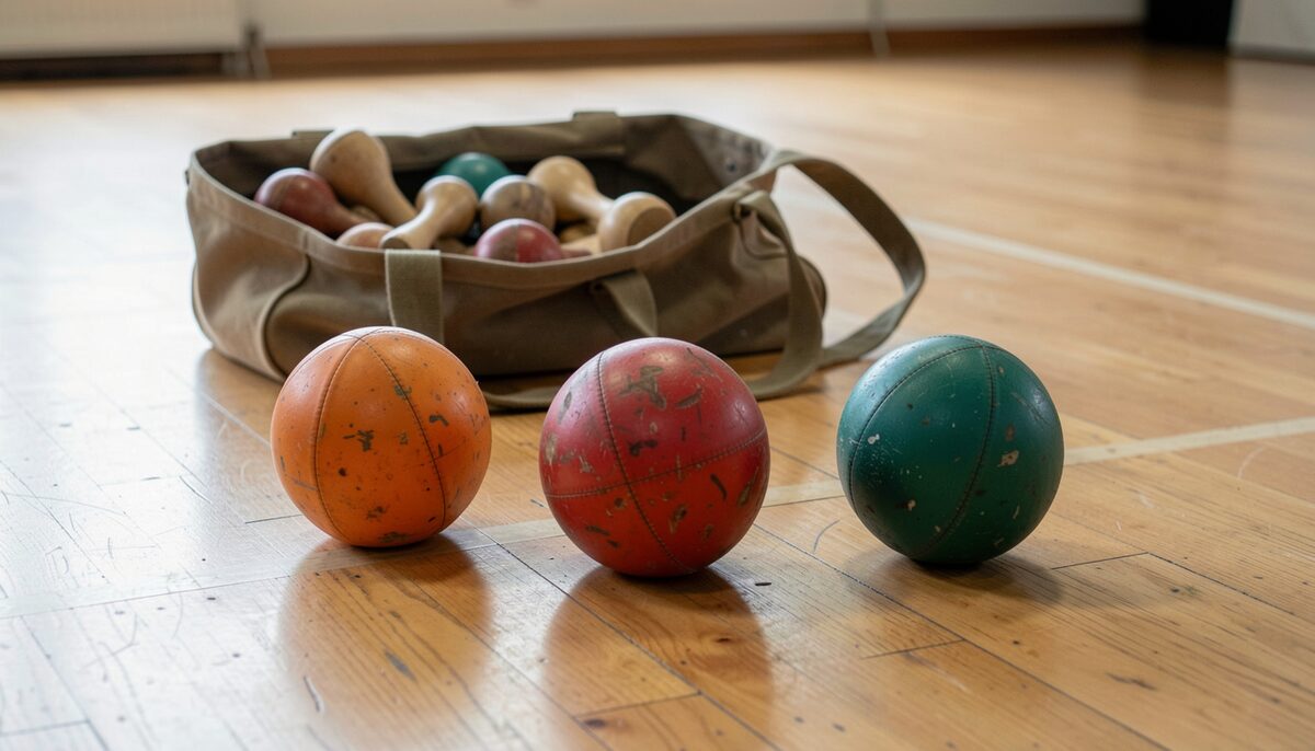 Three juggling beanbags on a rehearsal-room floor, a set of clubs in a canvas bag behind.