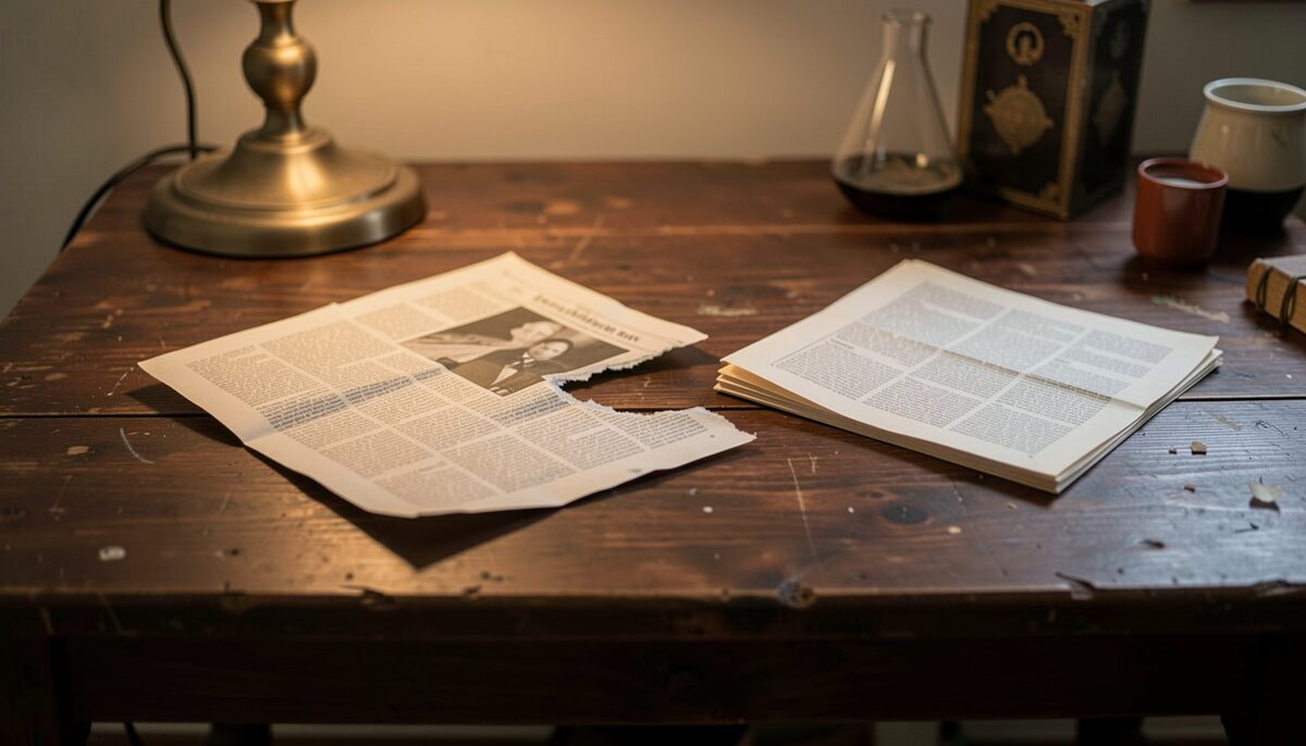 A sheet of newspaper mid-tear on a magician's table, a restored sheet folded beside it.