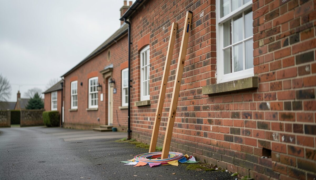 A pair of wooden stilts leaning against the brick wall of a village hall, a coil of bunting at their foot.