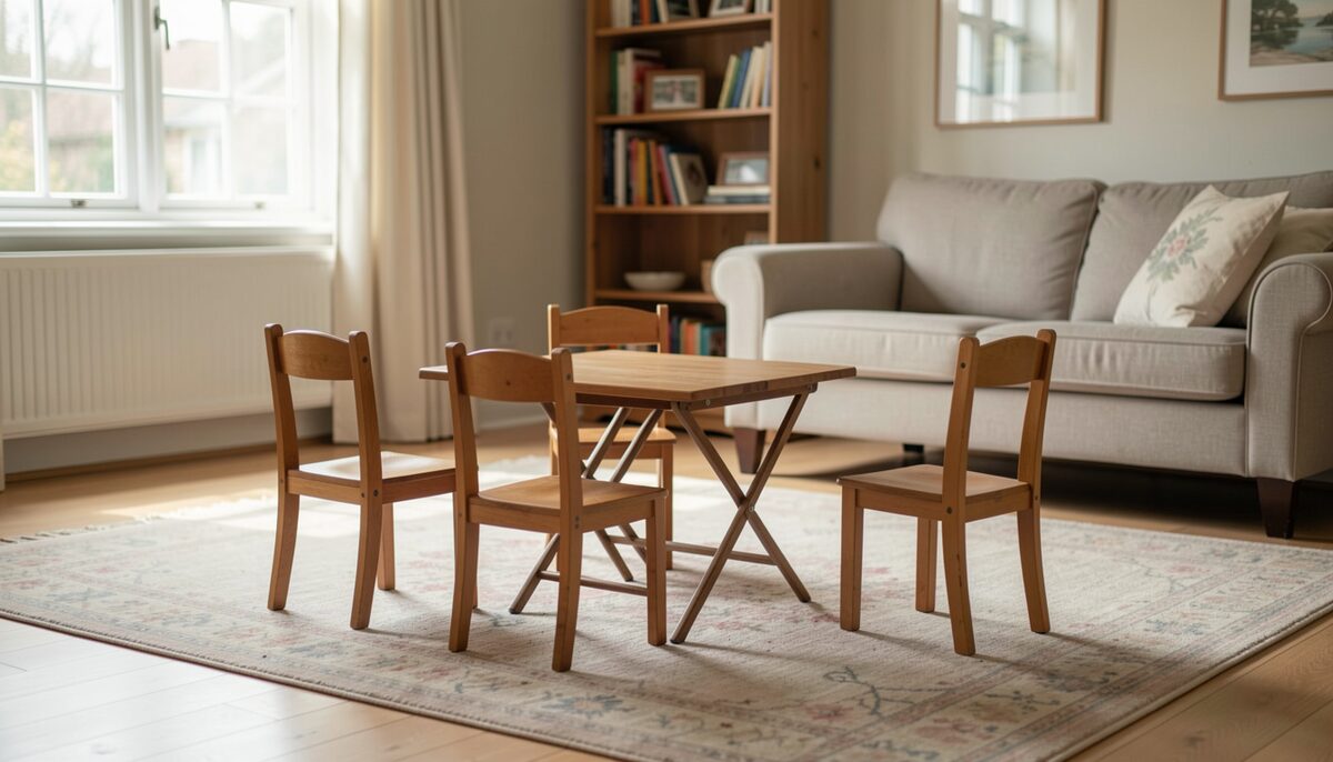 A folding magician's table on a cleared living-room rug, a row of small chairs waiting in front of it.