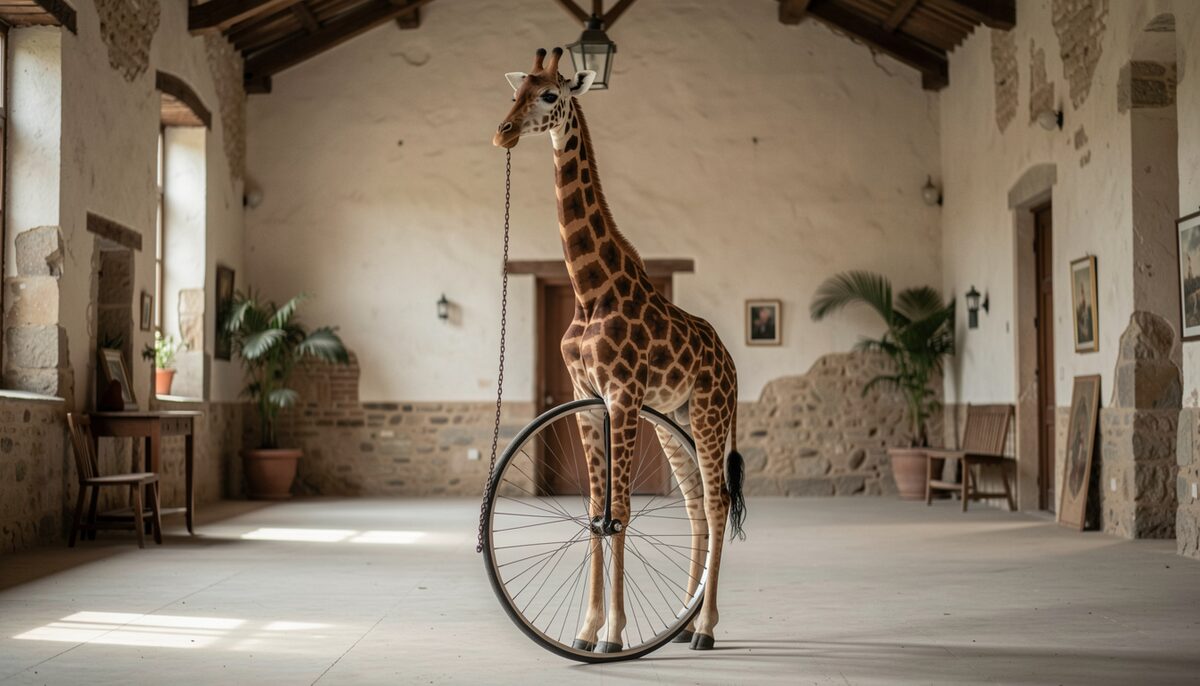 A tall giraffe unicycle standing alone in an empty village hall, chain hanging from its wheel.
