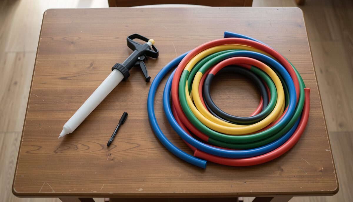 A balloon pump, a black marker and a coil of long modelling balloons laid out on a hall table.
