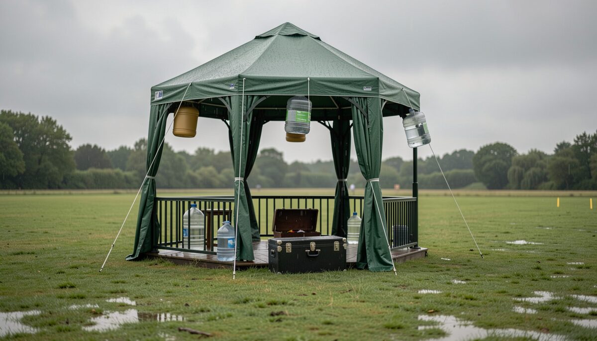 A gazebo being weighted down on a wet fete field, grey sky, a performer's case under cover.