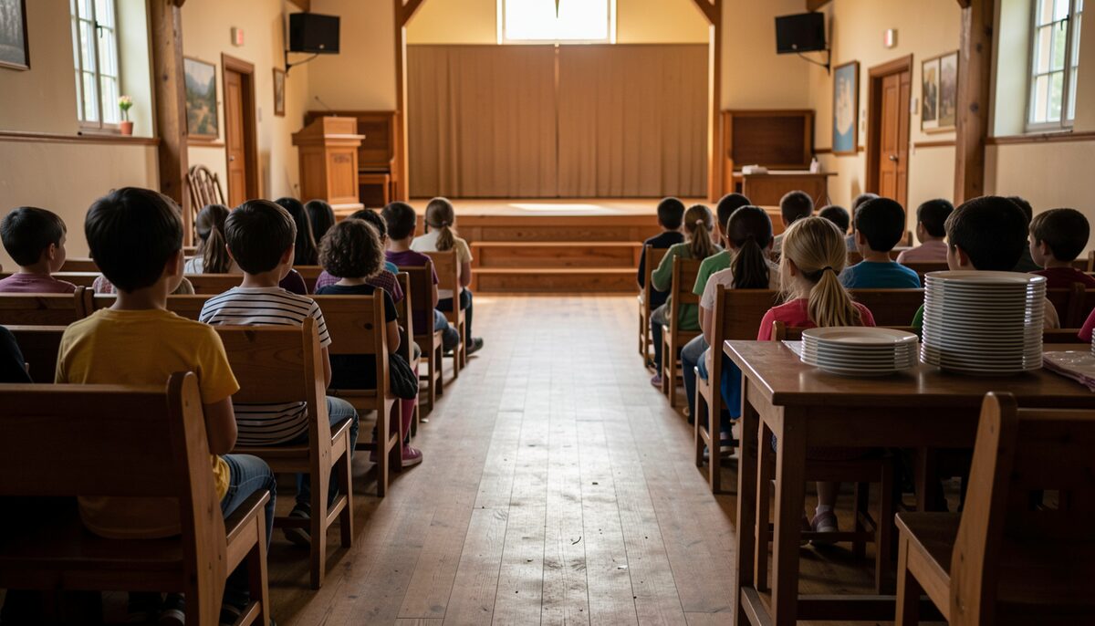 Children seated on a village-hall floor watching an empty performing space, party plates stacked on a side table.