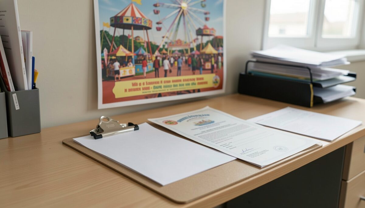 A clipboard with a booking form and an insurance certificate on a school office desk, a fair poster behind.