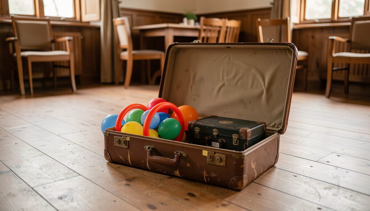 An open suitcase on a village-hall floor, a coil of balloons and a battered magic case inside