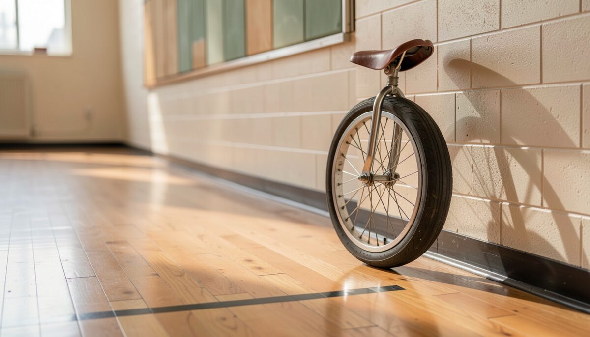 A 20-inch unicycle propped on its seat against a gymnasium wall, wooden floor in front.