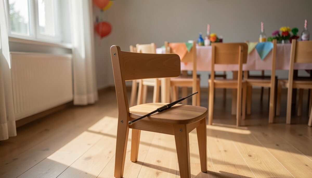A child's empty chair at the front of a party row, a magician's wand resting on the seat.